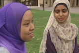 Muslim students Aisyah Ishak (L) and Sarah Imtiaz at the University of WA