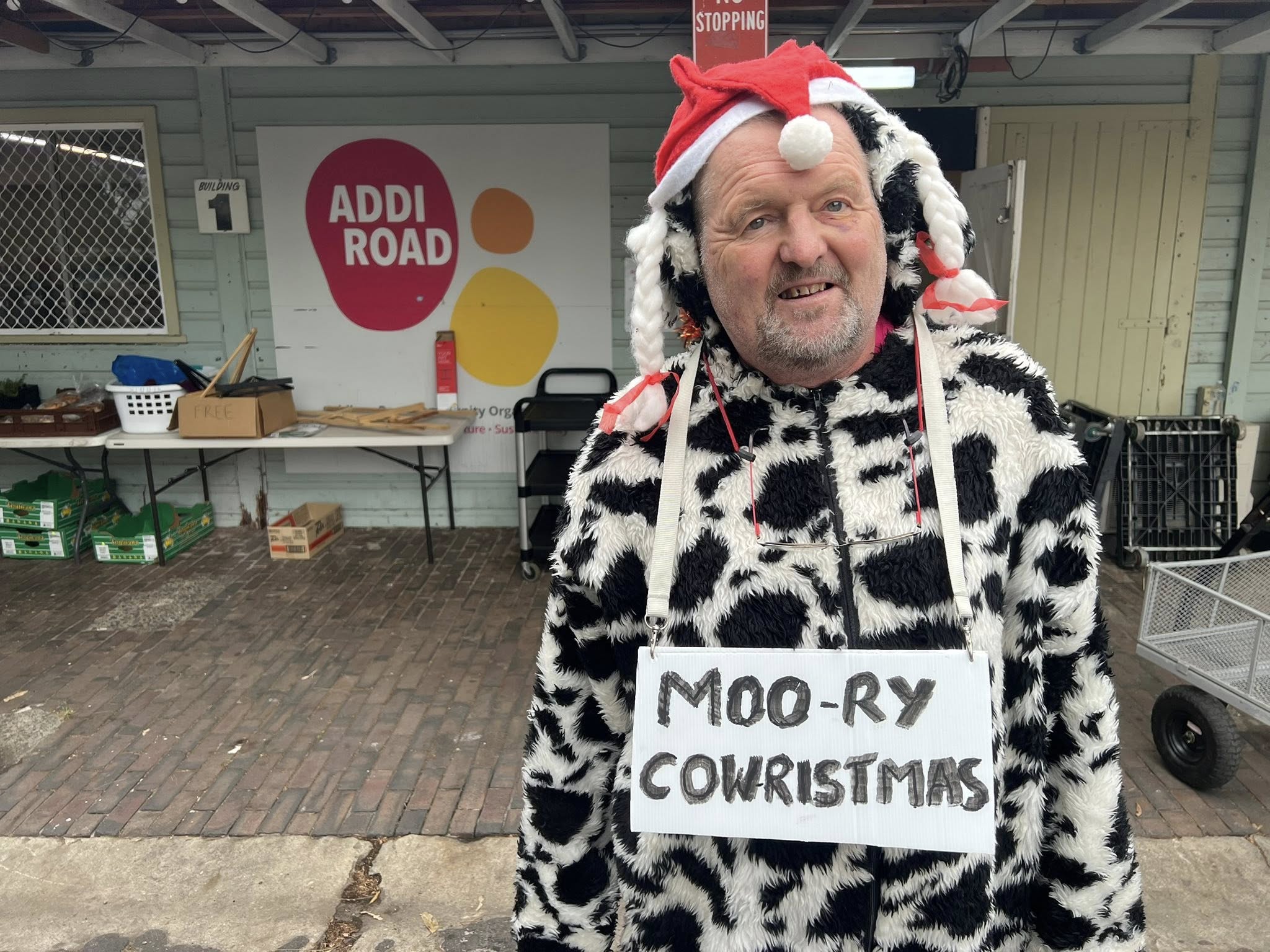 Um homem vestido com uma fantasia de vaca segurando uma placa que diz: Moo-ry Cow-ristmas