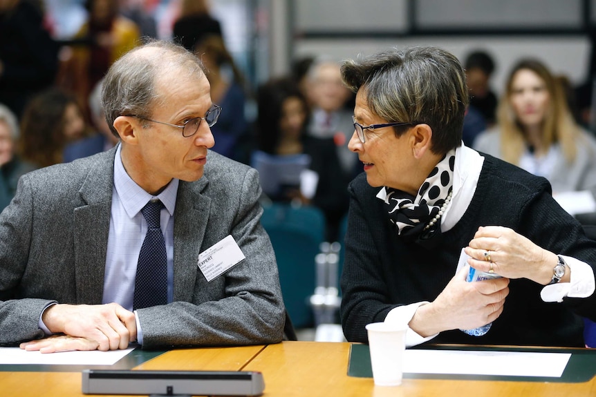 Viviane Lambert (R), the mother of Vincent Lambert, waits for the start of a hearing at the European Court of Human Rights.