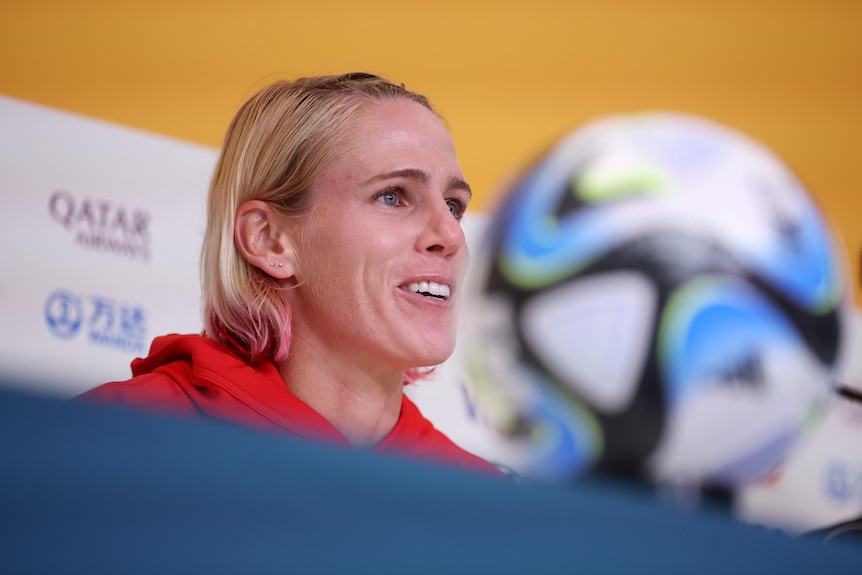 Sophie Schmidt of Canada smiles during the Melbourne press conference ahead of the game against the Matildas