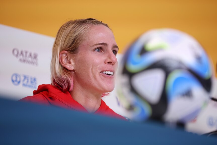 Sophie Schmidt of Canada smiles during the Melbourne press conference ahead of the game against the Matildas