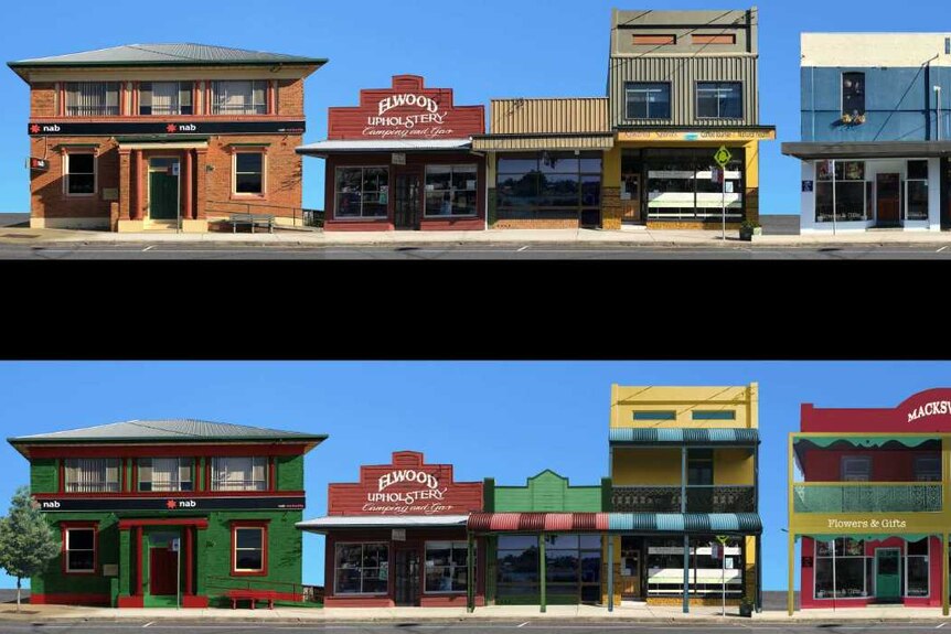 Photoshopped animation of before and after image of Macksville's river Street.