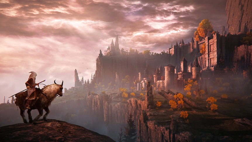 A screenshot of a fantastical world with a castle and distant mountains