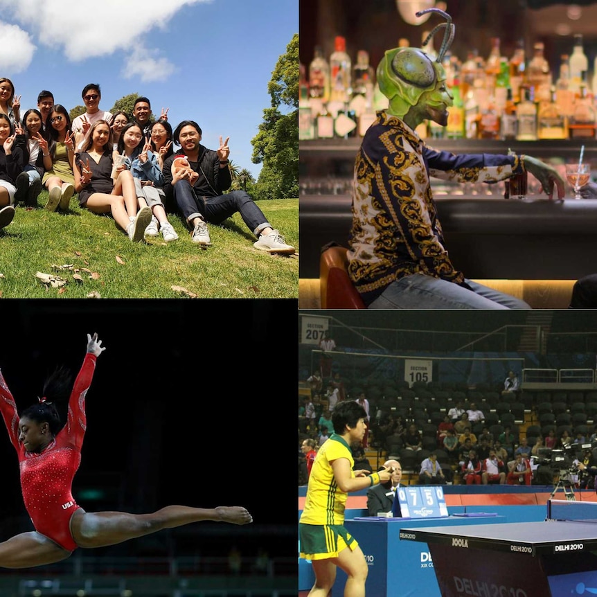 4 images: group of Asian teenagers, 2 people at a bar dressed like animals, Simone Biles leaps, Jian Fang Lay plays table tennis