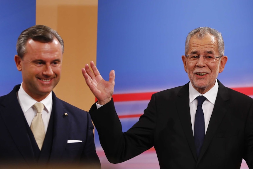 Austrian presidential candidates Norbert Hofer and Alexander Van der Bellen appear on a TV show in Vienna.