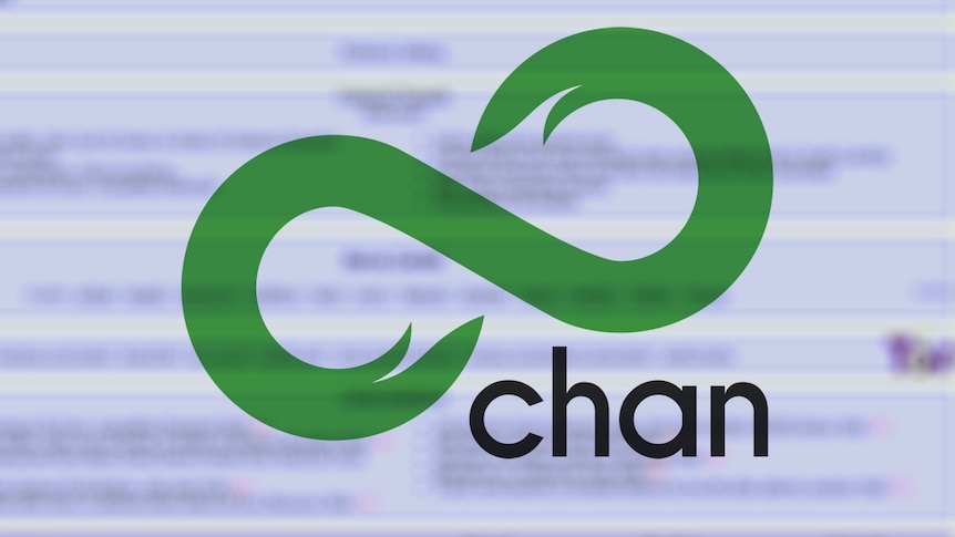 The 8chan logo imposed over a screenshot of the website.