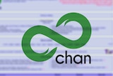 The 8chan logo imposed over a screenshot of the website.
