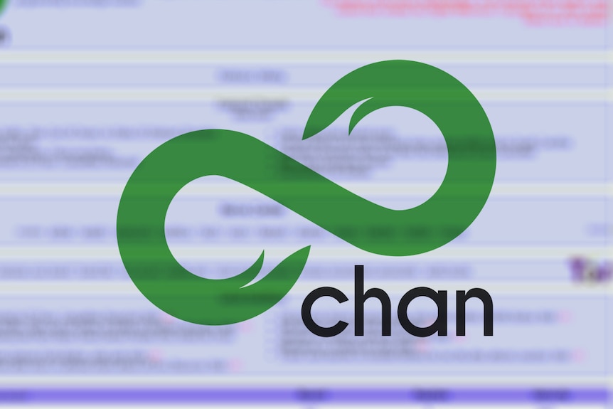 The 8chan logo imposed over a screenshot of the website.