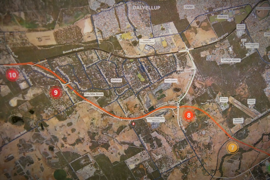 A map on a wall showing where the southern section of the Bunbury Outer Ring Road will go.