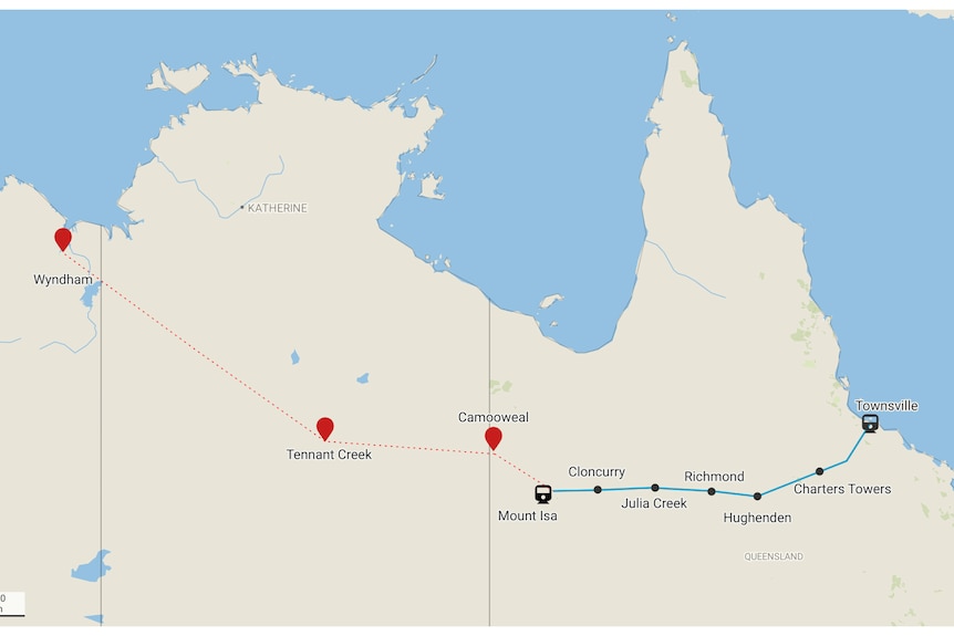 Map showing existing and proposed rail link that cross Queensland, the NT and Western Australia