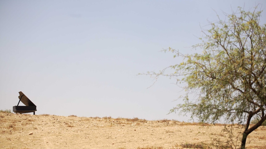 a black grand piano is visible in the distance of an outback scene. there is a dry green tree in the foreground at the right.