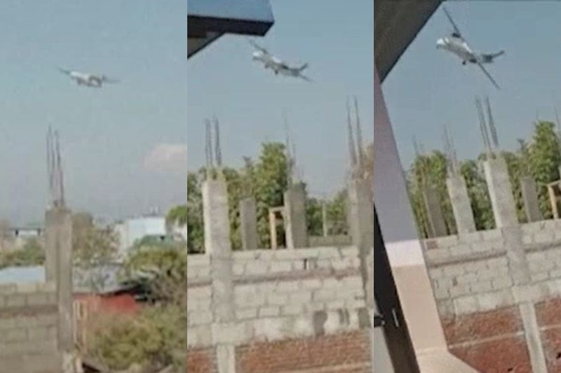 View of a plane in the air rolling onto its side in three images.