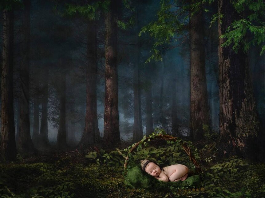 A staged fantasy photo of a small baby sleeping in a forest