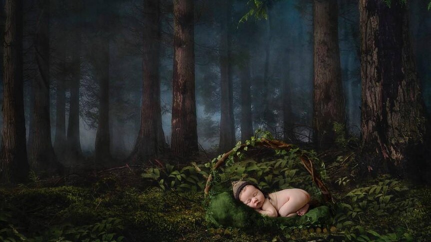 A staged fantasy photo of a small baby sleeping in a forest