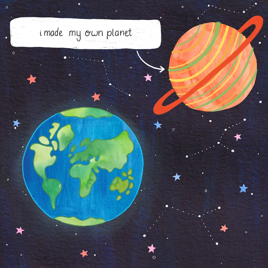 Illustration of planet earth in space with an orange Saturn-like planet, an arrow points to it. Text: I made my own planet.