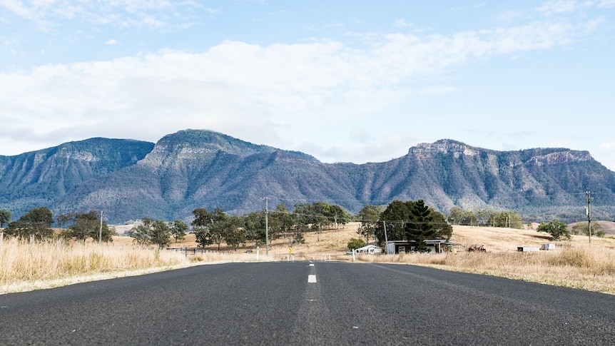 A country road leading to a mountain range. The grass around the road is very dry and yellow.