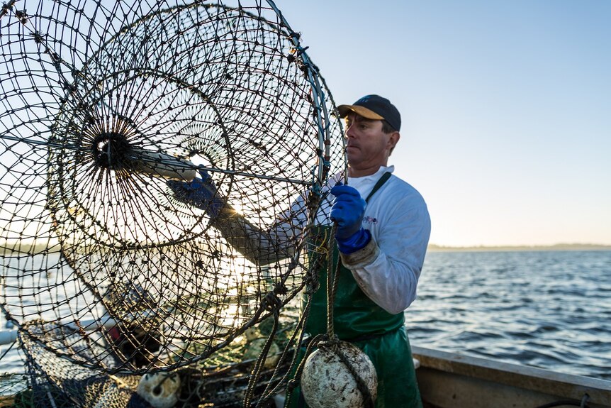A fisherman gets ready to deploy a crabbing net.
