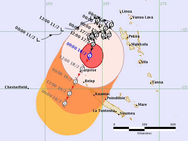 Path of Oma so far and forecast path indicated. stayed east of Vanuatu but looks like it will clip New Caledonia