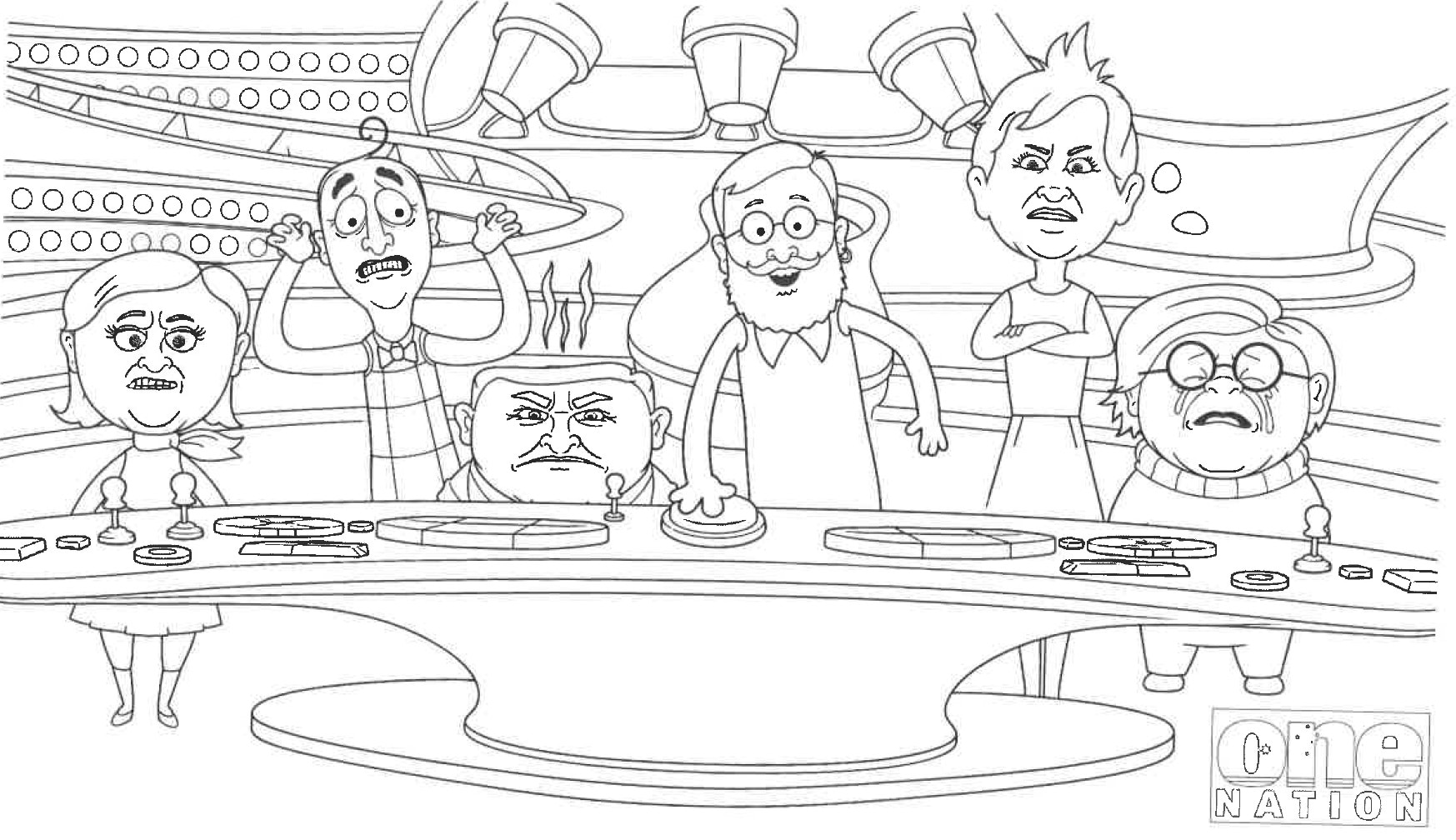 a caricature of six politicians around a control panel, based on the film inside out
