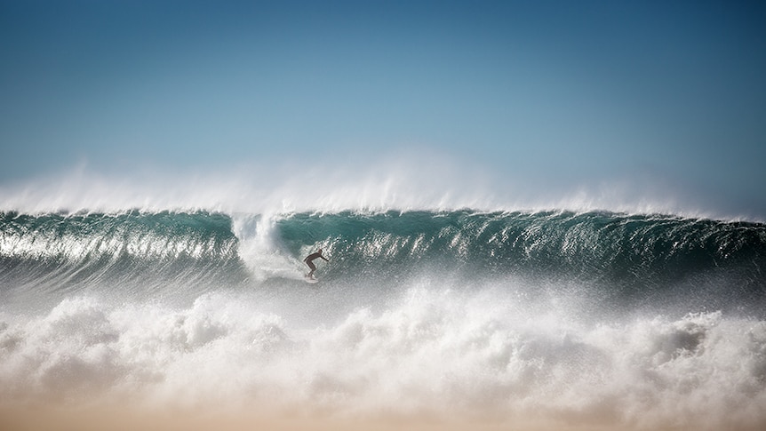 A surfer surfs across a large wave with the sand in foreground.