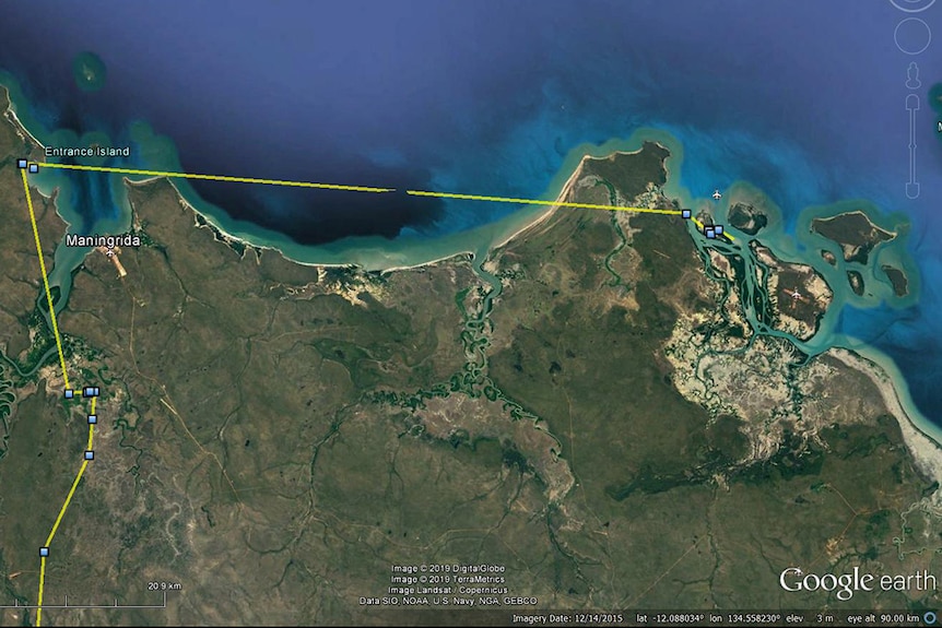 A photo showing a GPS map of Australia and a zig-zagging line mapping a bird's movements across it.