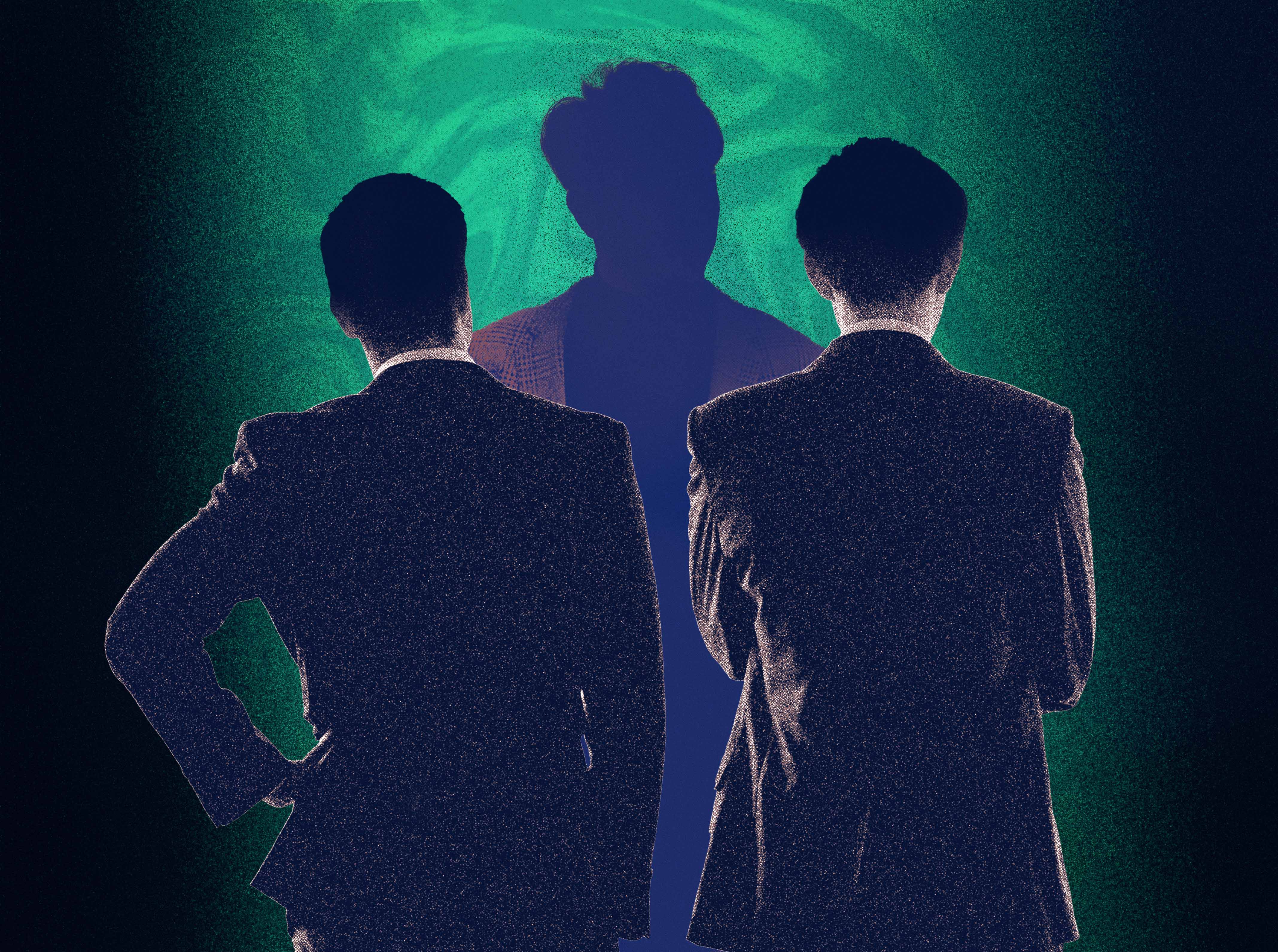 An illustration of two men confronting another man.