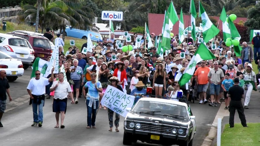 Crowd marching against the end of self-government on Norfolk Island.