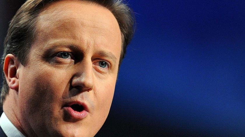 Leader of the British Conservative Party, David Cameron, delivers a speech