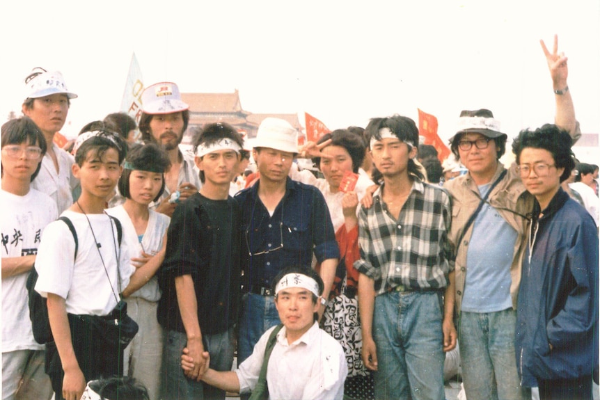 A group of Chinese students pictured at Tiananmen in 1989 during the protest.