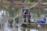 Two men with fishing nets on a boat in a river