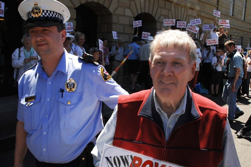 Celebrity gardener Peter Cundall is arrested in Hobart on November 19, 2009.