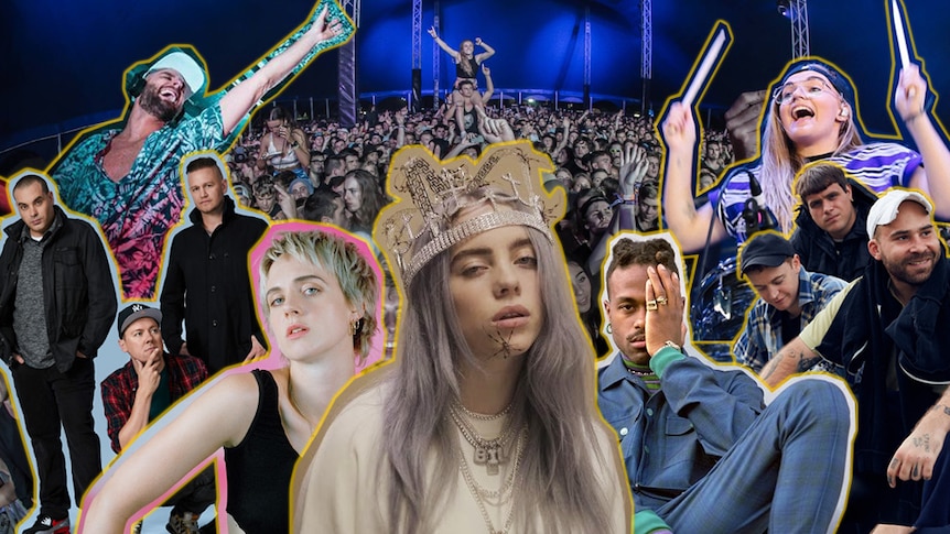 A collage of the Groovin The Moo 2019 lineup ft. Fisher, Hilltop Hoods, MO, Billie Eilish, Duckwrth, DMA'S, and G Flip