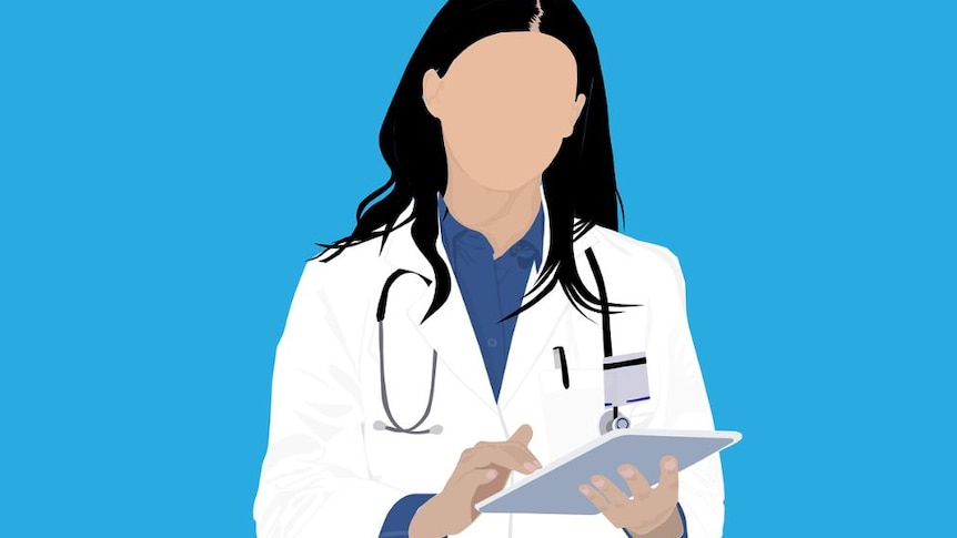 Picture graphic of a female GP wearing a lab coat with a blue background 