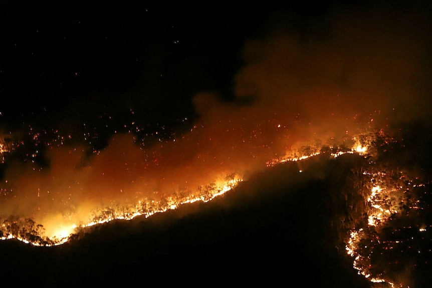 Aerial view of a bushfire at night time