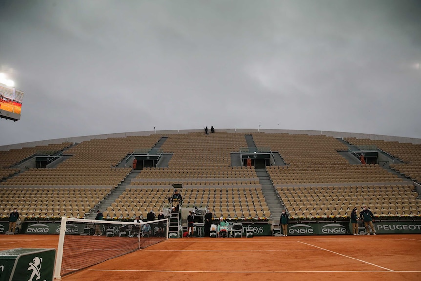 Grey skies over Suzanne Lenglen Court at the French Open in Paris.