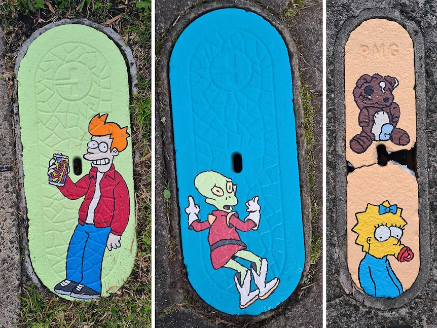 Three of Lincoln Roberts's artworks, on pit covers in Portland, in 2020
