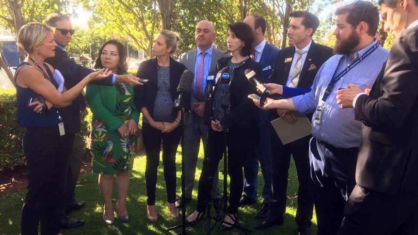 Jemma Green surrounded by reporters during a media conference in a garden.
