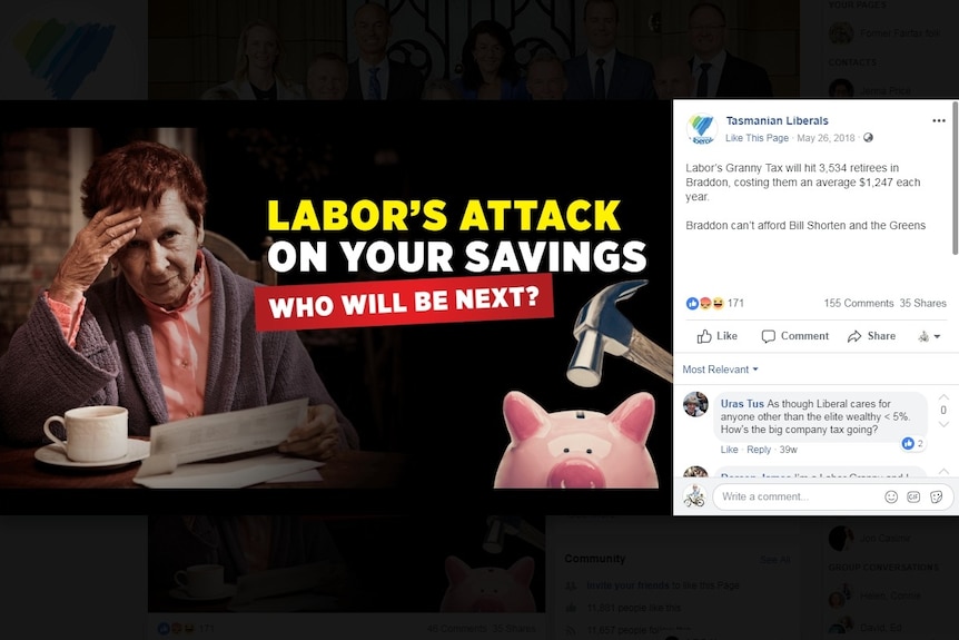 A screen capture from the Tasmanian Liberals' Facebook page, attacking Labor's "granny tax".