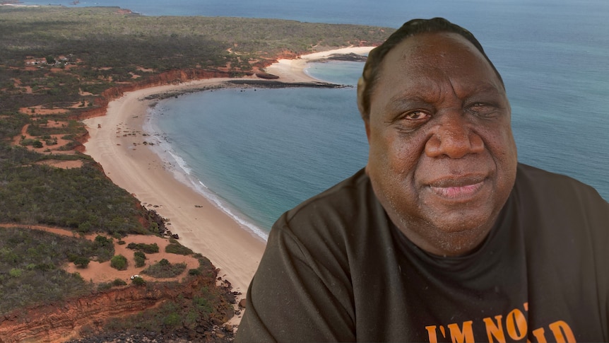 Composite of an Aboriginal man with a drone shot of a coastline in the background.