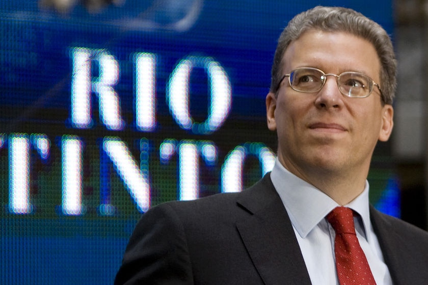 Tom Albanese, chief executive of Rio Tinto, smiles during a news conference.