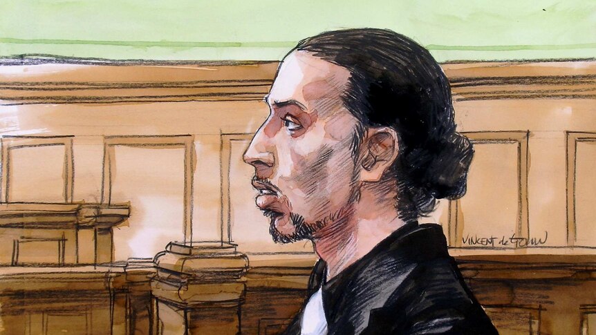 Court sketch of Kobi Maybir from a side-on view.