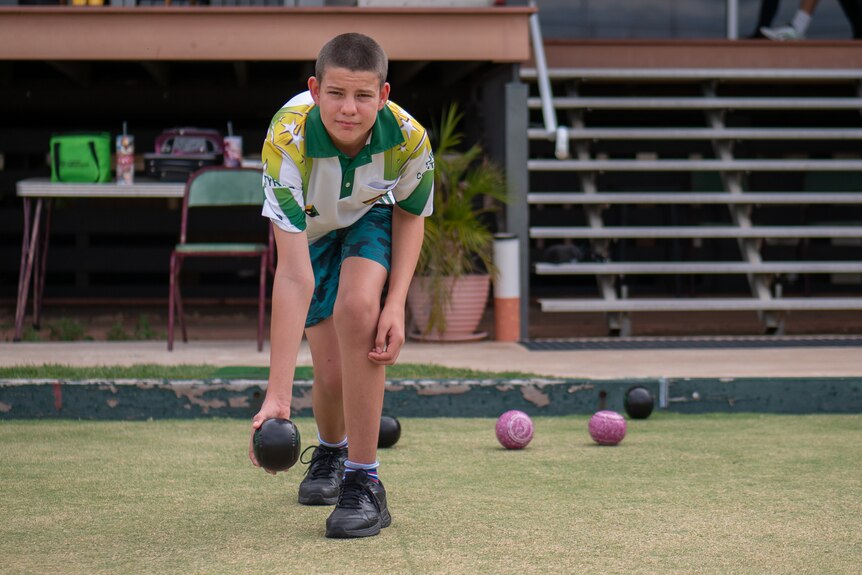 Thomas bowling at the Longreach bowls club, November 2022.