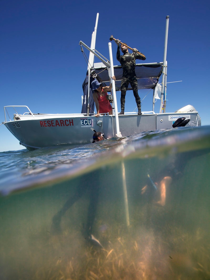 Two people in a small boat with another two divers below water using tools to fix a pipe on the seabed.