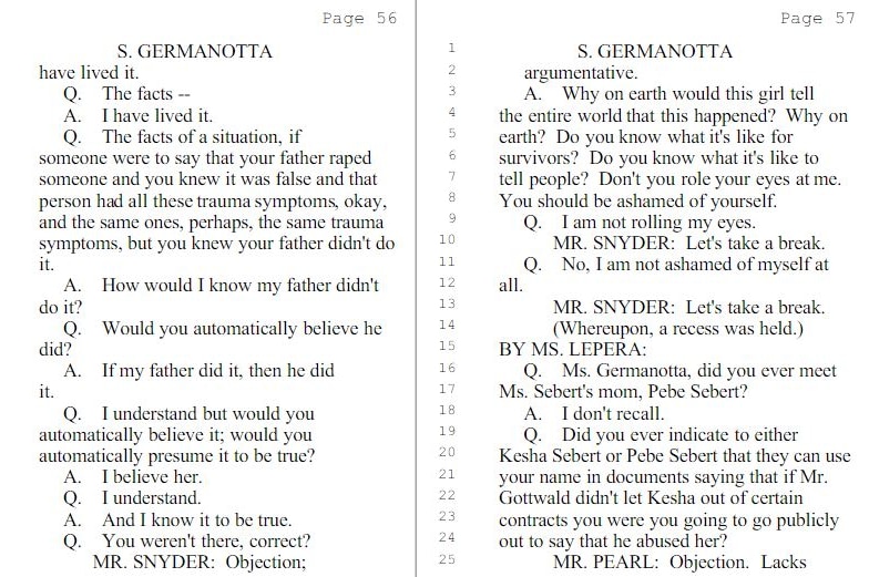 A script of an exchange between Lady Gaga and Dr Luke's legal team. Gaga tells the lawyer "don't role your eyes at me".