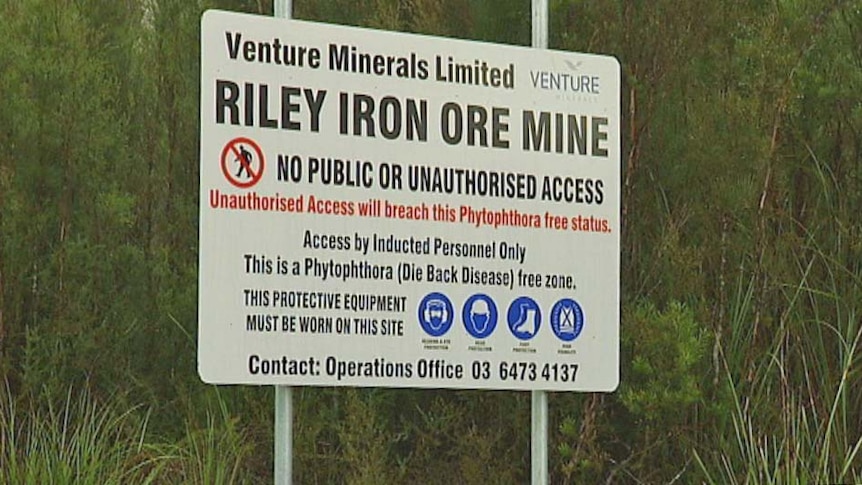 A sign at the site of Venture Minerals' proposed iron ore mine at Riley Creek on Tasmania's west coast.