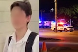A blurred face of a young boy and a night time crime scene - composite image