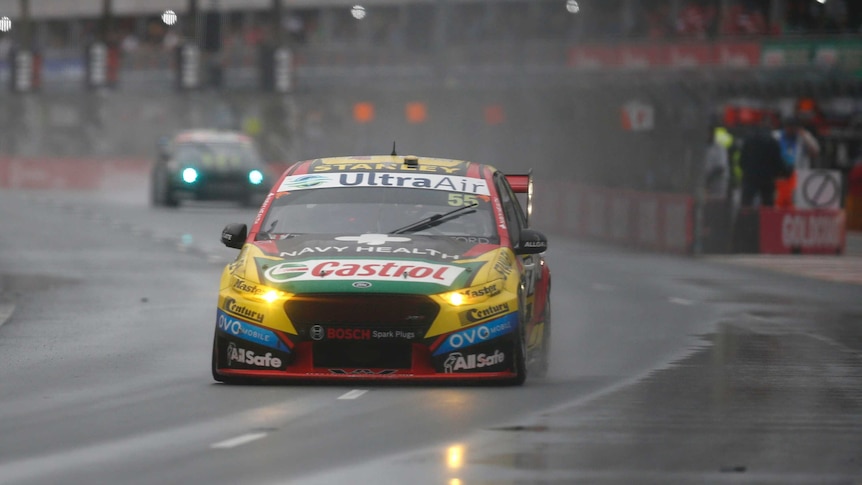 Chaz Mostert of Supercheap Auto Racing drives in the wet at the Gold Coast 600 on October 21, 2017.