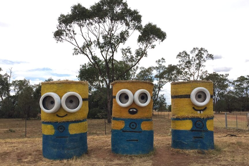 Six round hay bales decorated as animated movie characters stand on the roadside verge north of Narrabri, north west NSW.