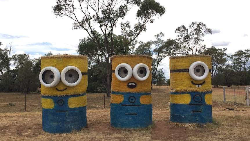 Six round hay bales decorated as animated movie characters stand on the roadside verge north of Narrabri, north west NSW.