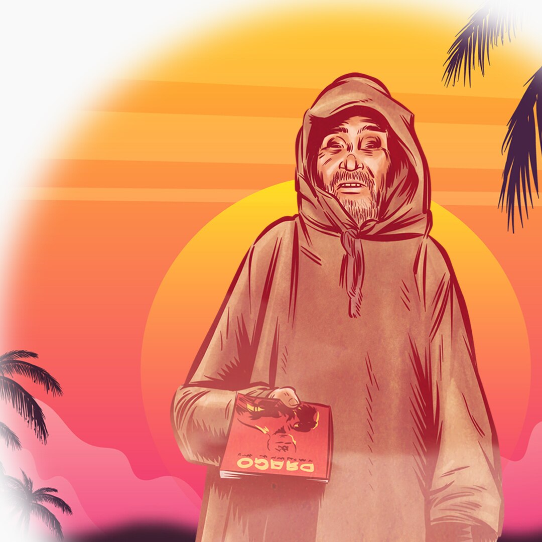 A cloaked figure handing out a book on a sunset beach.